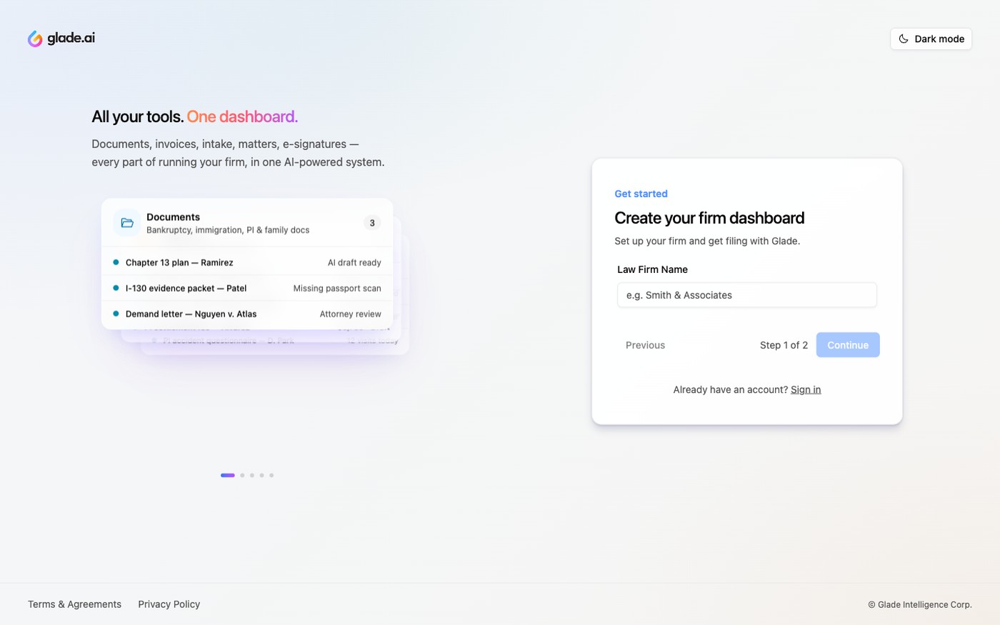 Glade self-serve signup: create your firm dashboard