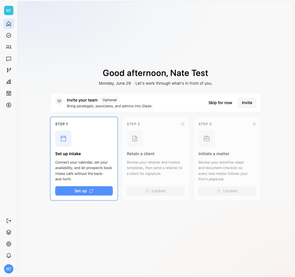 Glade setup wizard with sequential steps that unlock as a firm progresses