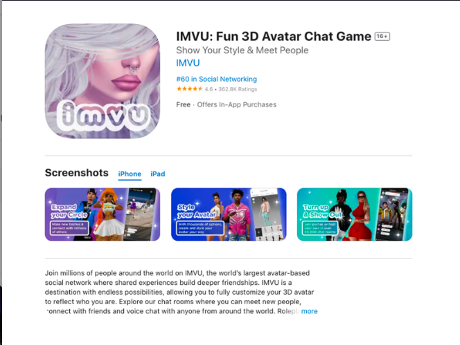 IMVU App Store listing with screenshots