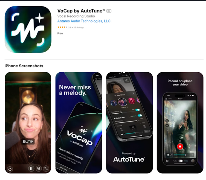 VoCap by AutoTune: App Store listing with iPhone screenshots